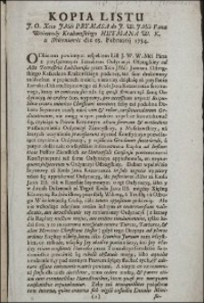 Kopia Listu J.O.Xcia JMći Prymasa do J.W. Jmći Pana Woiewody Krakowskiego Hetmana W.K. z Skierniewic die 25. Februarij 1754