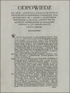 Odpowiedz Od JWW. Andrzeia Sierakowskiego Straznikowicza Koronnego Szambelana Jego Krolewskiey Mci i Heleny z Pruszynskich Małzonkow na Jllacyą z Strony WW. Wąsowiczow Szambelanow J. K. Mci także Małzonkow do JOO. Departamentu wniesioną następująca