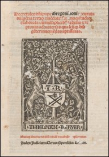 Decretales d[omi]ni pape Gregorii noni accurata dilige[n]tia tertio eme[n]date: summoq[ue] studio elaborate: cu[m] multiplicib[u]s tabulis [et] rep[er]toriis ad materias quascu[m]q[ue] dilige[n]ter inuenie[n]das aptissimis : Quinq[ue] libri decretaliu[m] totide[m] vocabulis explicantur. Judex: Judicium: Clerus: Sponsalia: Crimen