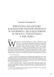 Biblioteka klasztoru karmelitów trzewiczkowych w Kłodawie i jej księgozbiór w świetle inwentarza z 1681 roku