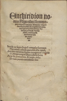 Enchiridion nouus Algorismi summopere visus De integris, Minutijs vulgaribus Proiectib[us] Et regulis mercator[um] sine figuraru[m] ... deletione ...