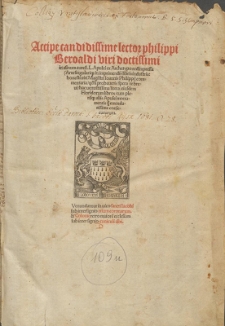 Accipe candidissime lector philippi beroaldi viri doctissimi in asinum aureu[m] L. Apulei ex Archetypo redimpressa ... commentaria ... .