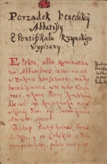 Porządek benedikcij Abbatissy z Pontifikału Rzymskiego wypisany