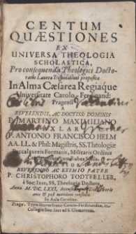 Centum quaestiones ex universa theologia scholastica, Pro consequenda Theologici Doctoratus Laurea Disputationi propositae [...] / a [...] P. Martino Maximiliano Axlar, P. Antonio Francisco Helm [...] \; praeside [...] P. Christophoro Todtfeller, e Soc. Iesv [...] Anno M.DC.LXXI. Mense [s.m.] Die [s.d.] [...]