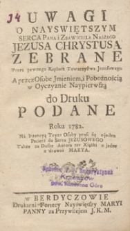 Uwagi o Nayswietszym Serca Pana i Zbawiciela Naszego Jezusa Chrystusa zebrane
